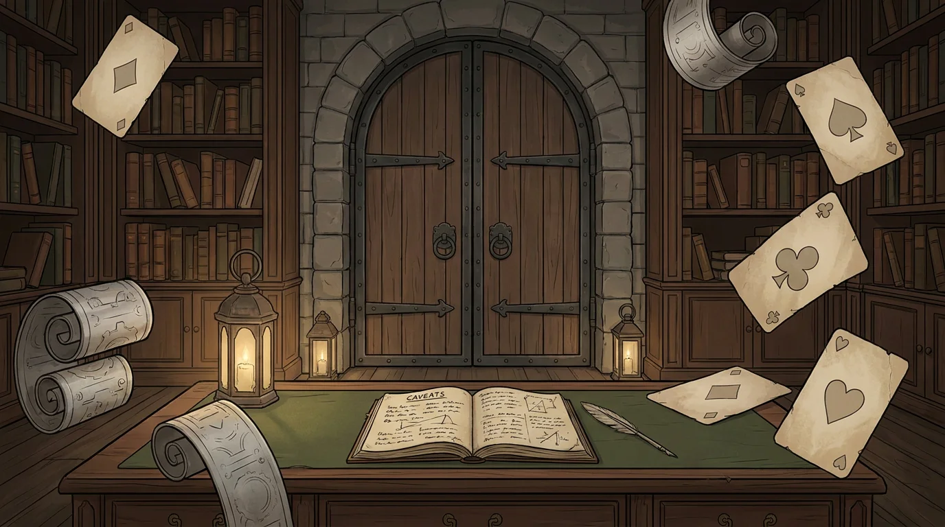 Historical medieval casino game-library illustration with a closed gate and neutral research notes